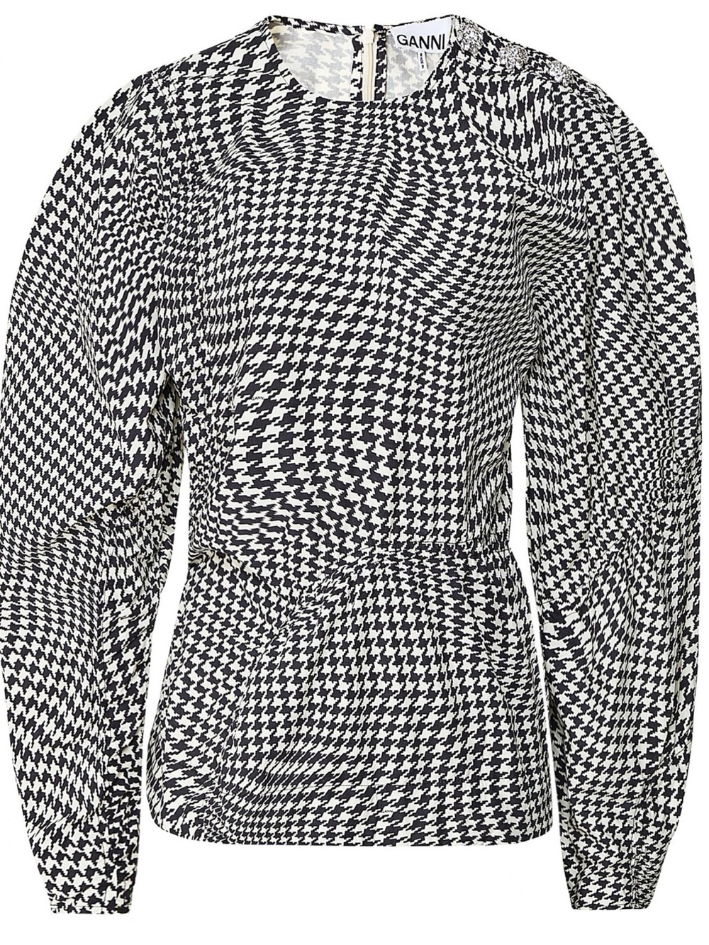 GANNI Houndstooth Organic Cotton Poplin Puff-Sleeve Crystal-Embellished Top